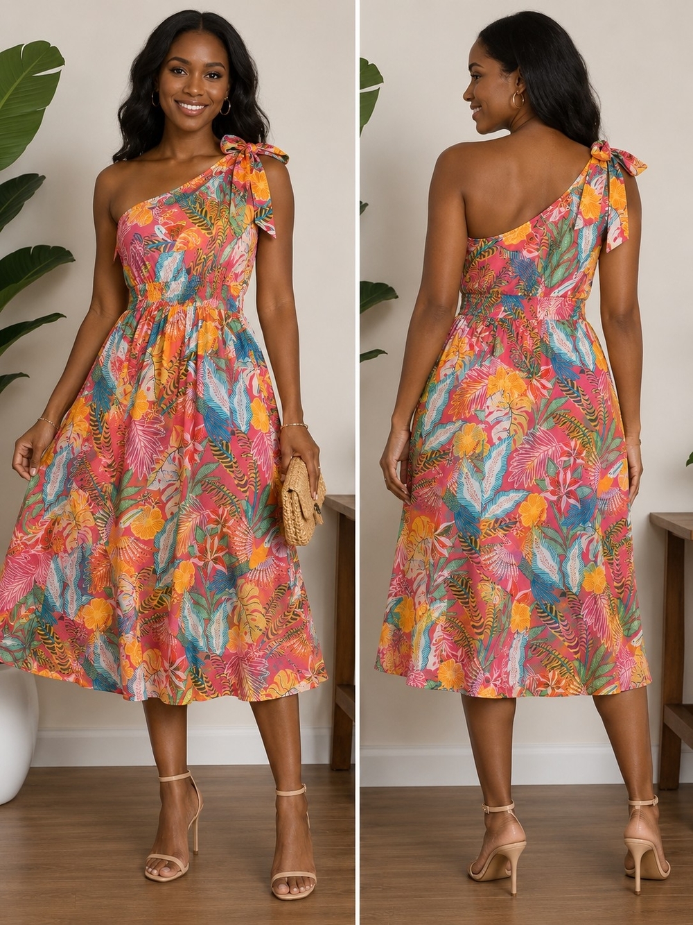 Gibson Latimer Tropical One Shoulder Midi Dress Large Floral Resort Vacation